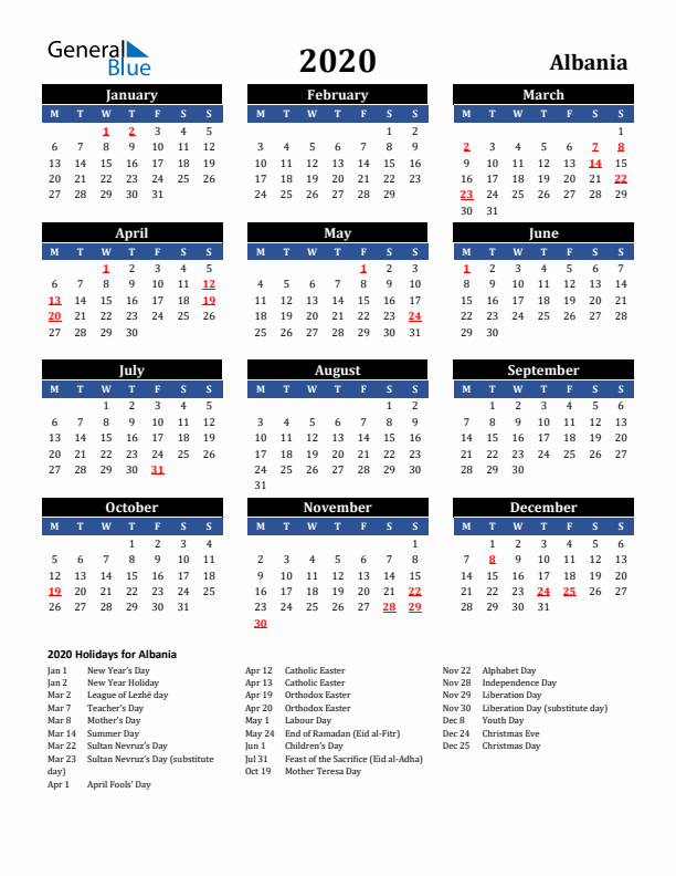 2020 Albania Holiday Calendar