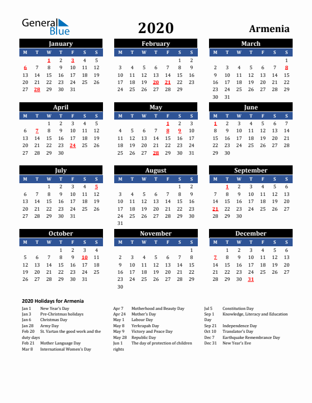 2020 Armenia Holiday Calendar