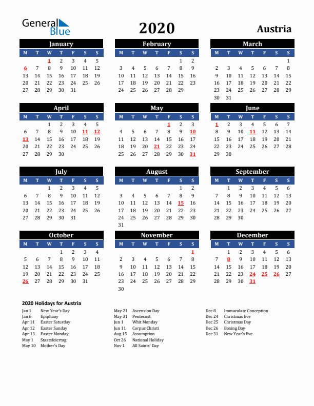 2020 Austria Holiday Calendar