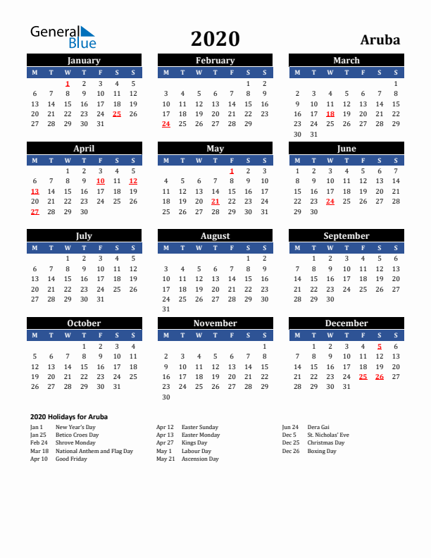 2020 Aruba Holiday Calendar