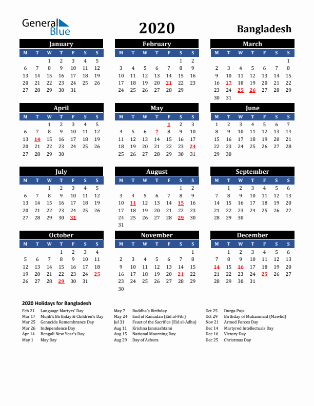 2020 Bangladesh Holiday Calendar