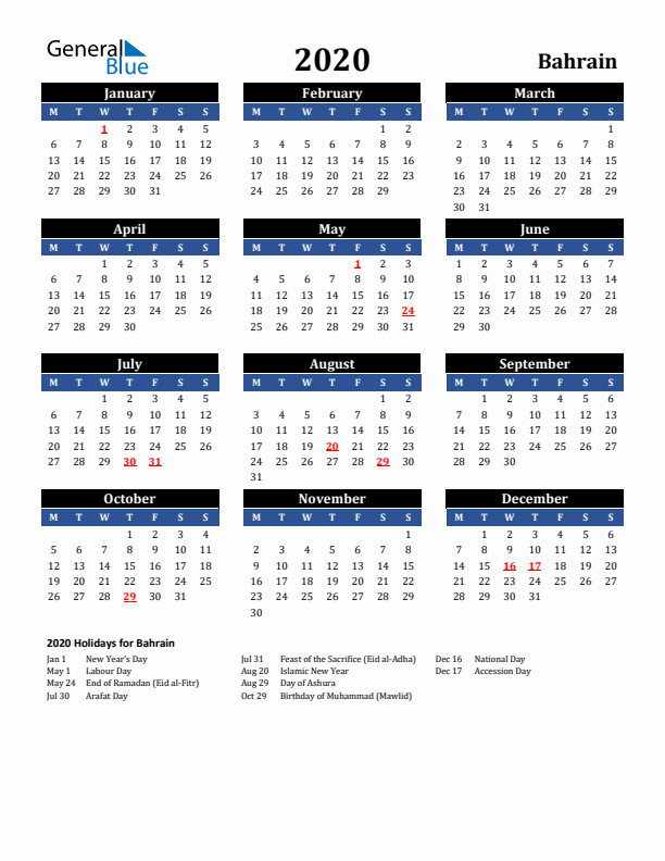 2020 Bahrain Holiday Calendar