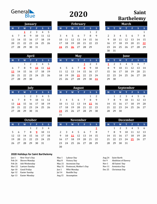 2020 Saint Barthelemy Holiday Calendar