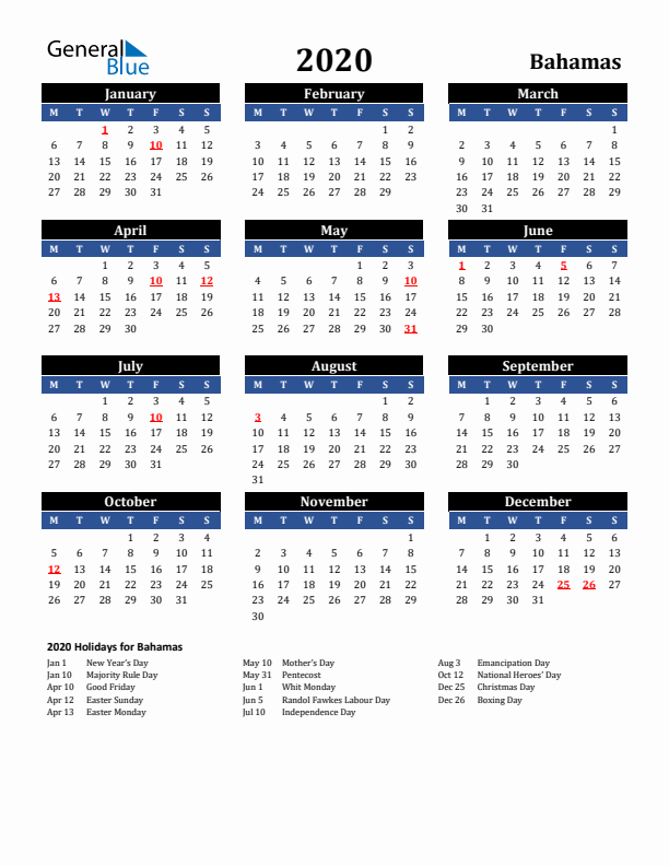 2020 Bahamas Holiday Calendar