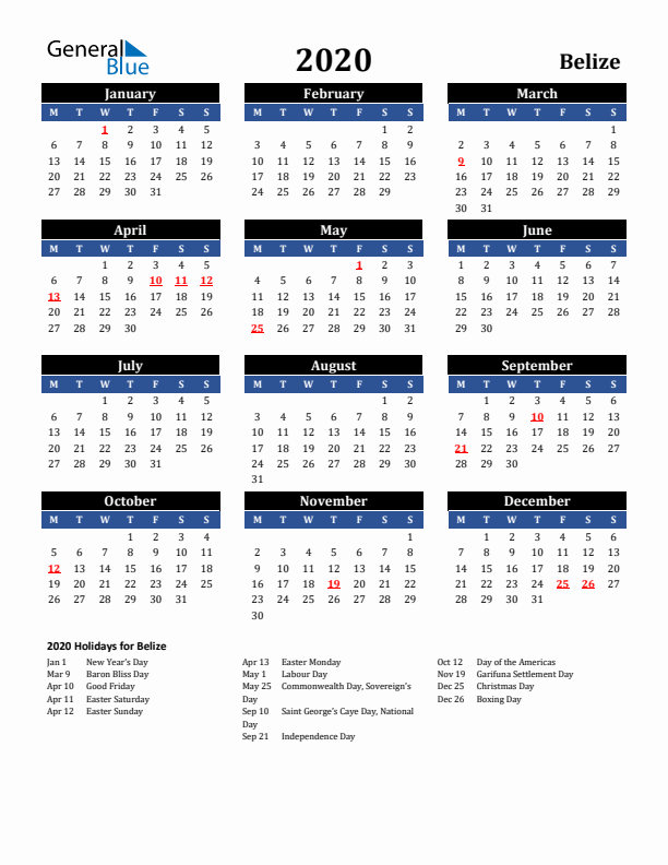 2020 Belize Holiday Calendar