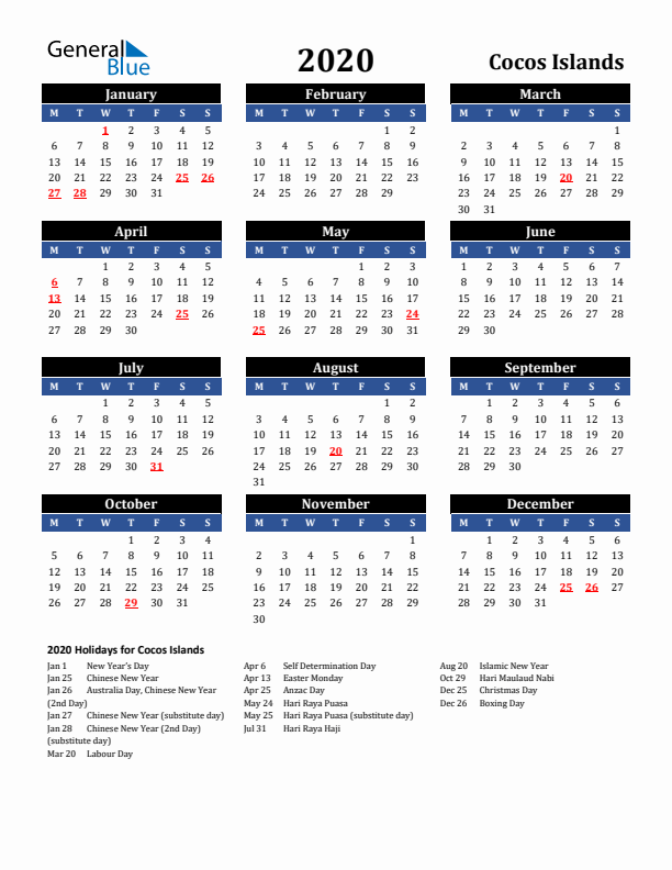 2020 Cocos Islands Holiday Calendar