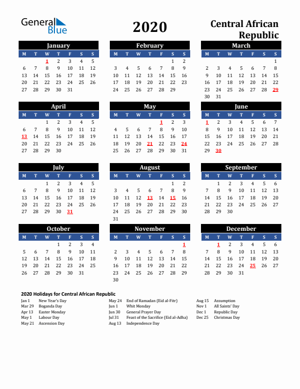 2020 Central African Republic Holiday Calendar