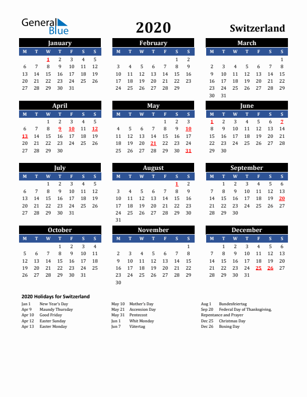 2020 Switzerland Holiday Calendar
