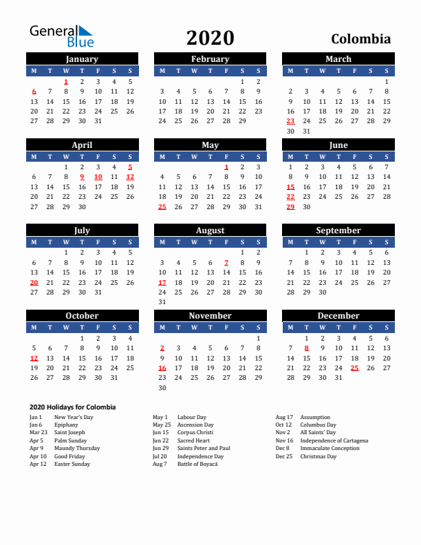 2020 Colombia Calendar with Holidays