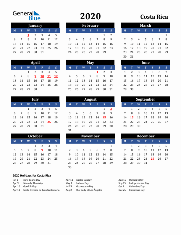 2020 Costa Rica Holiday Calendar
