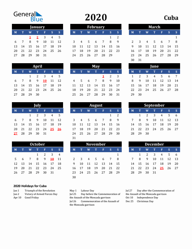 2020 Cuba Holiday Calendar