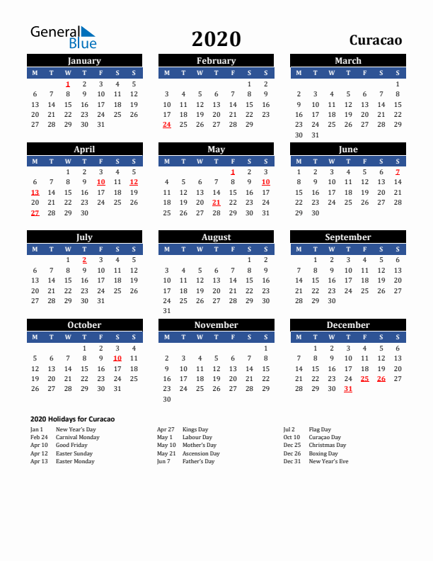 2020 Curacao Holiday Calendar