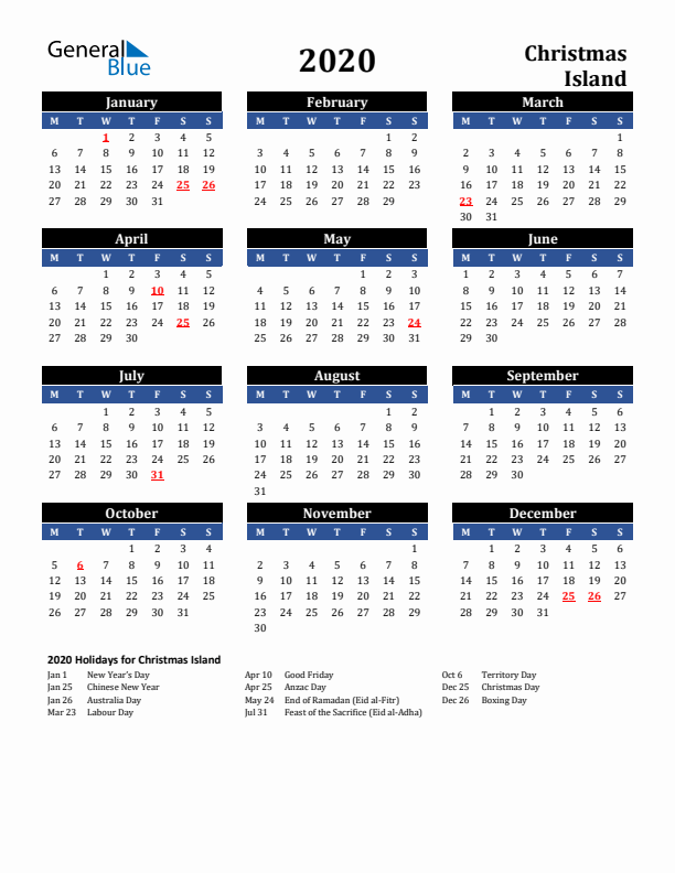 2020 Christmas Island Holiday Calendar