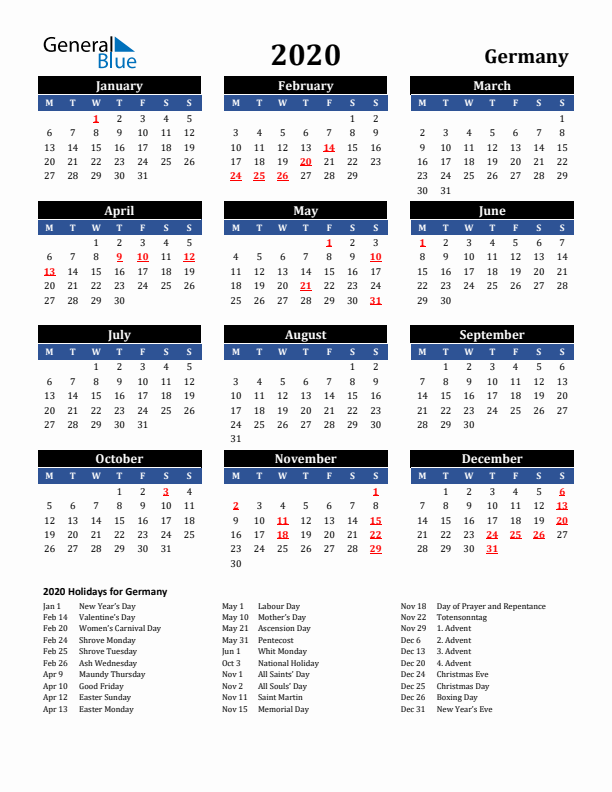 2020 Germany Holiday Calendar