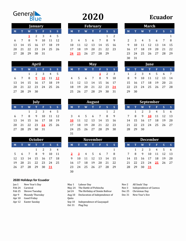 2020 Ecuador Holiday Calendar