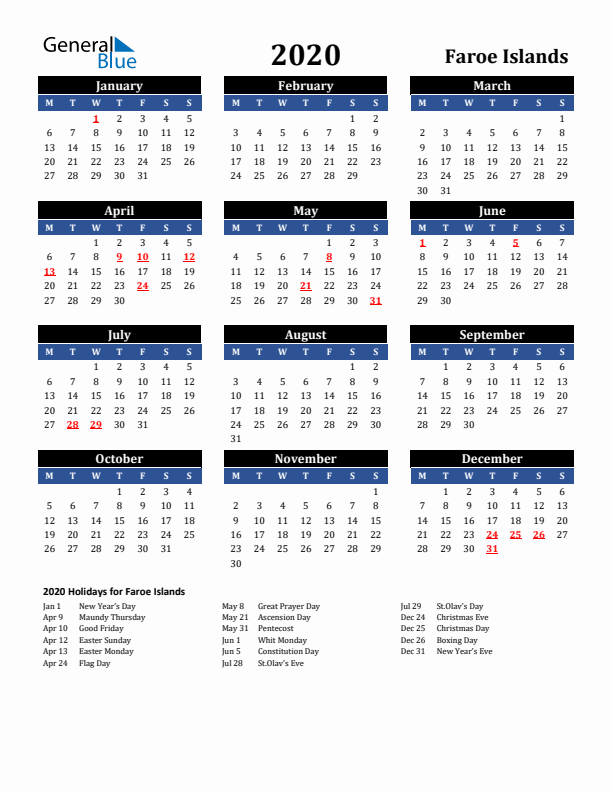 2020 Faroe Islands Holiday Calendar