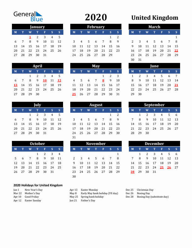 2020 United Kingdom Holiday Calendar