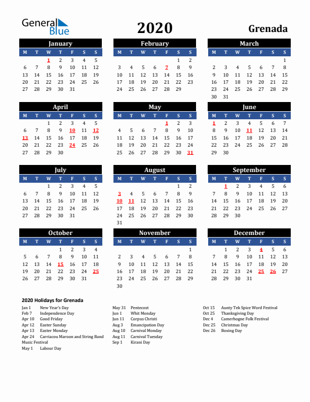 2020 Grenada Holiday Calendar