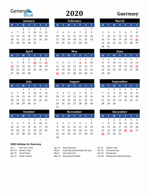 2020 Guernsey Holiday Calendar