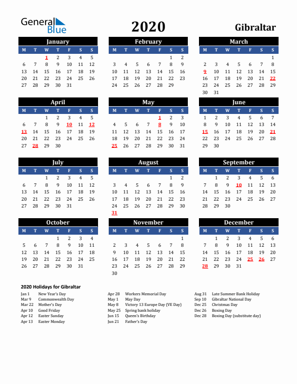 2020 Gibraltar Holiday Calendar
