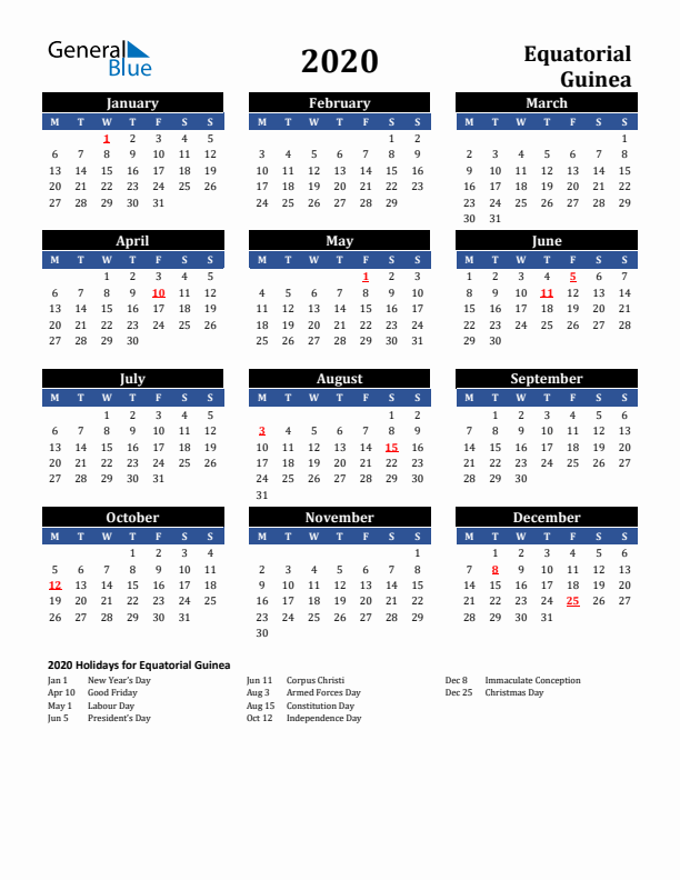 2020 Equatorial Guinea Holiday Calendar