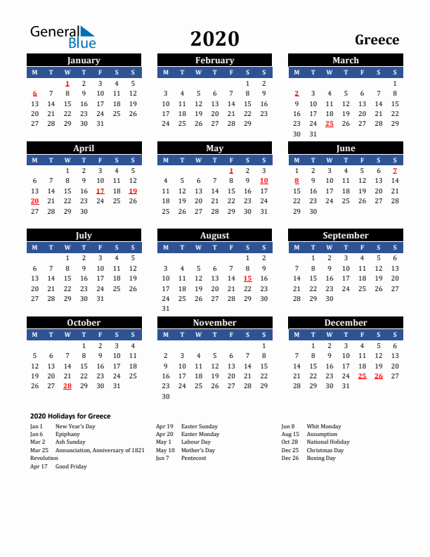 2020 Greece Holiday Calendar