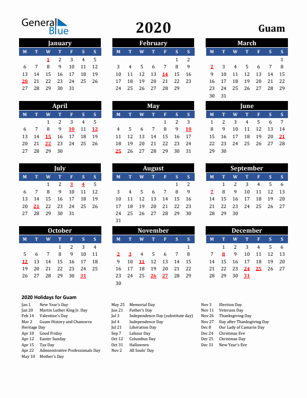 2020 Guam Holiday Calendar