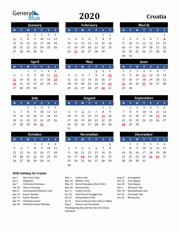 2020 Croatia Holiday Calendar