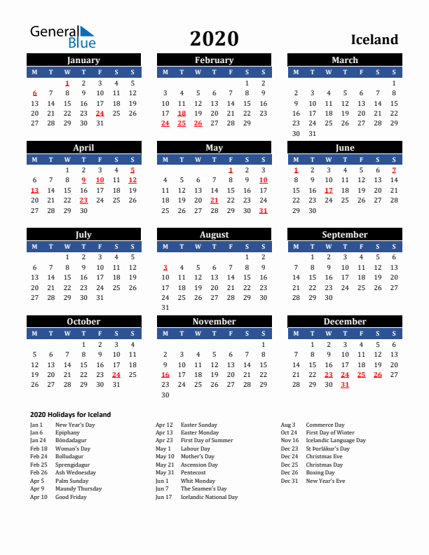 2020 Iceland Holiday Calendar