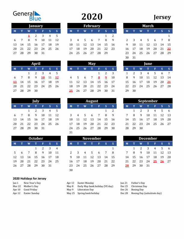 2020 Jersey Holiday Calendar