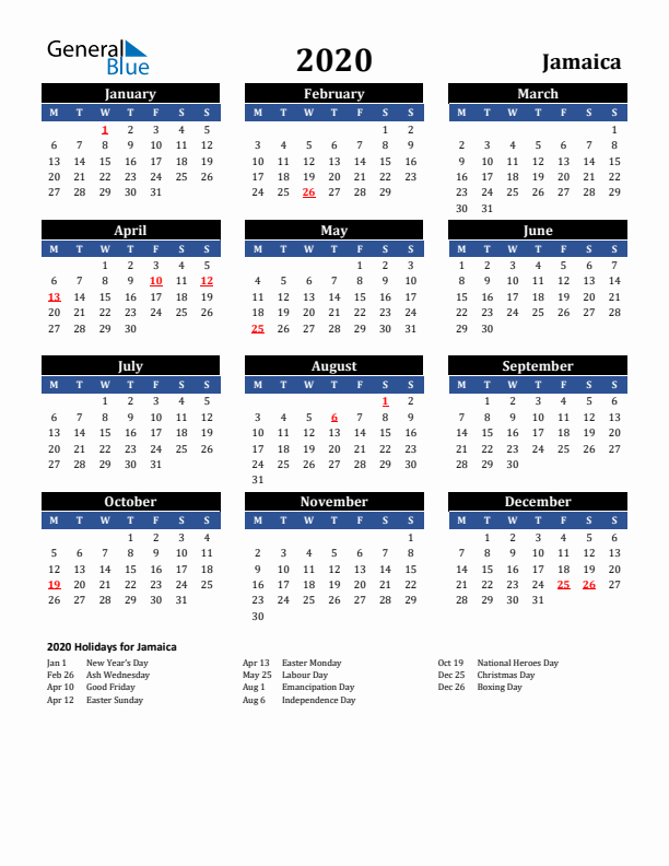 2020 Jamaica Holiday Calendar