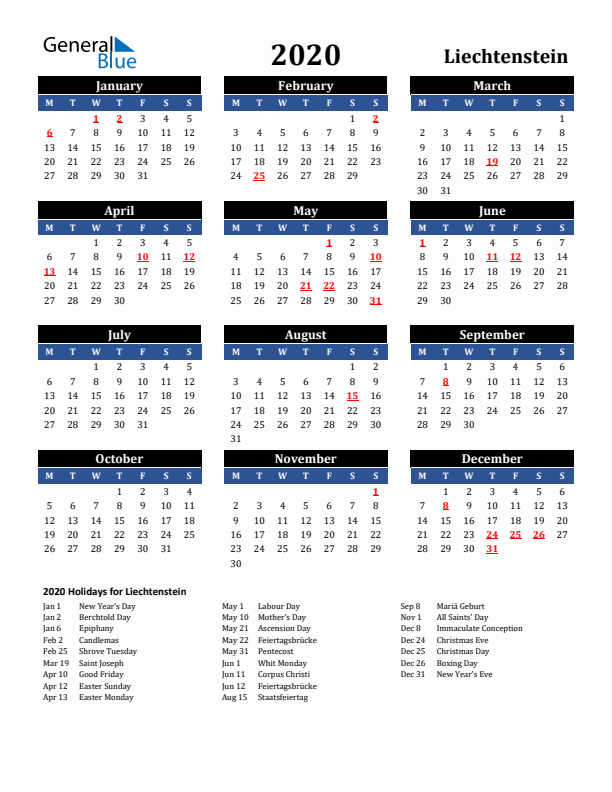 2020 Liechtenstein Holiday Calendar