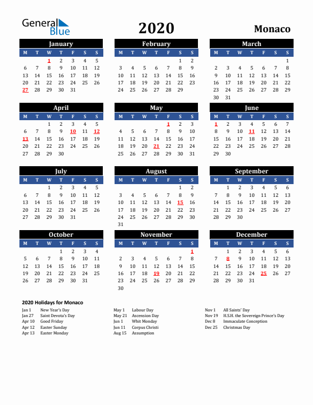 2020 Monaco Holiday Calendar