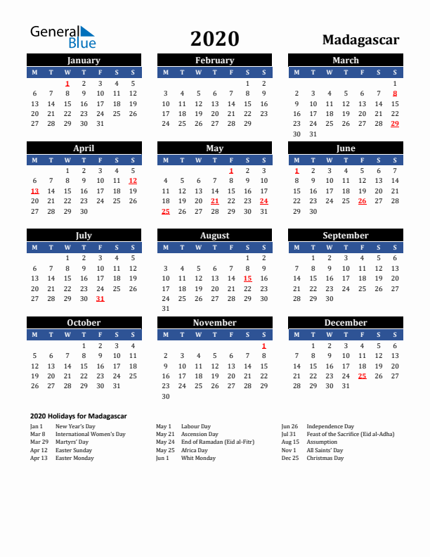2020 Madagascar Holiday Calendar