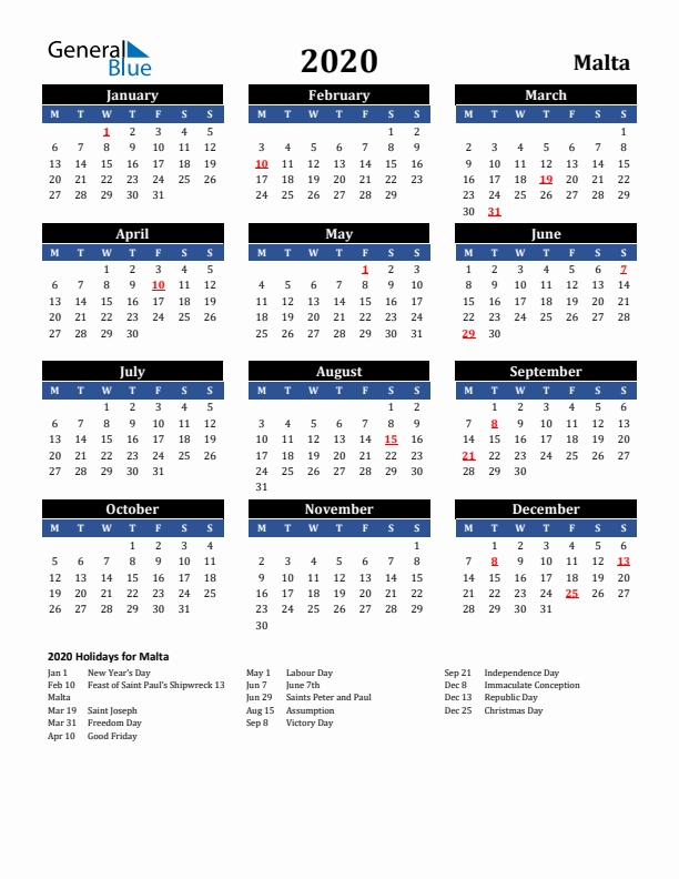 2020 Malta Holiday Calendar