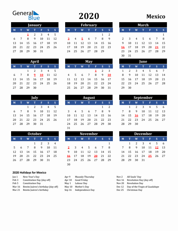 2020 Mexico Holiday Calendar