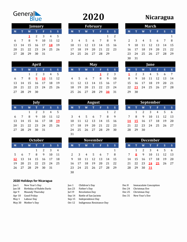 2020 Nicaragua Holiday Calendar