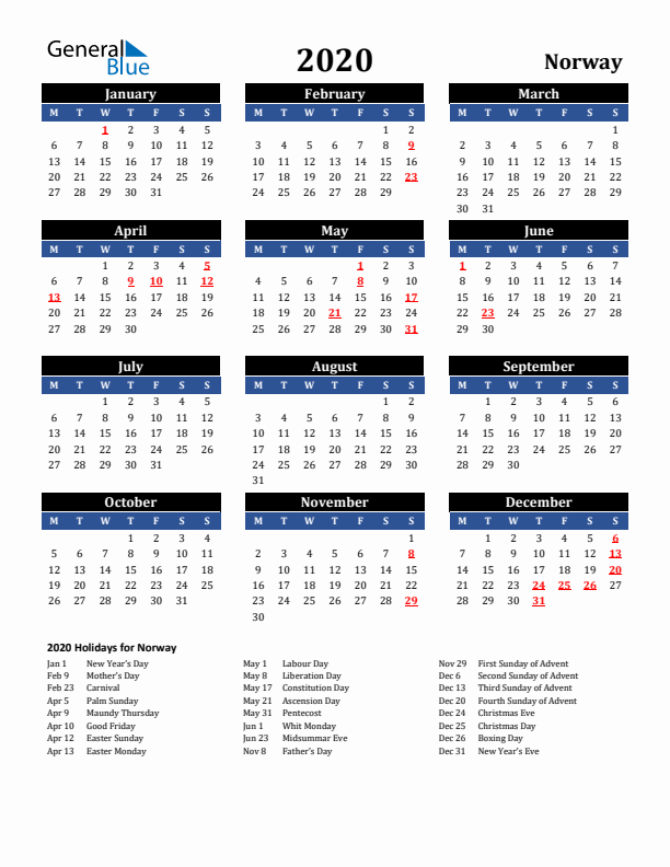 2020 Norway Holiday Calendar