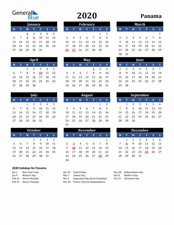 2020 Panama Holiday Calendar