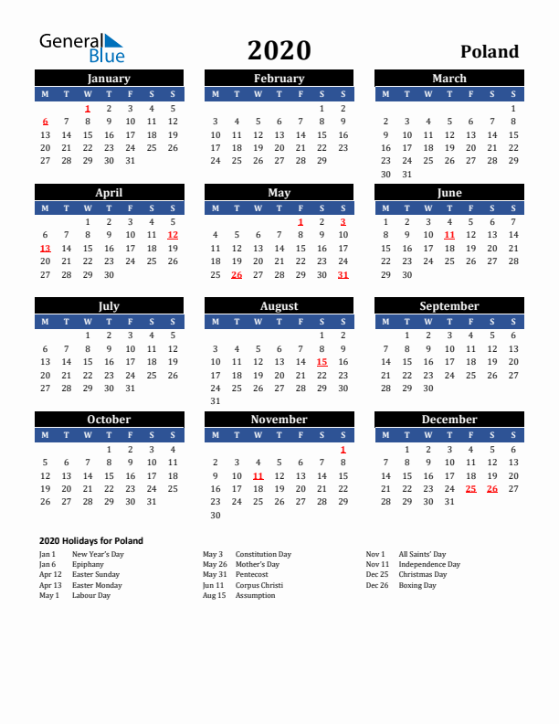 2020 Poland Holiday Calendar