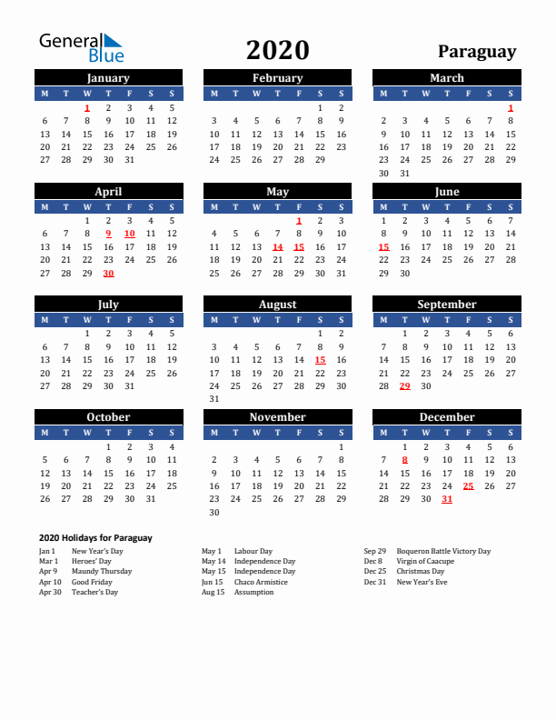 2020 Paraguay Holiday Calendar
