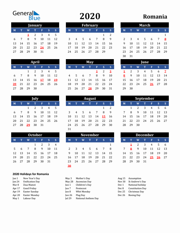2020 Romania Holiday Calendar