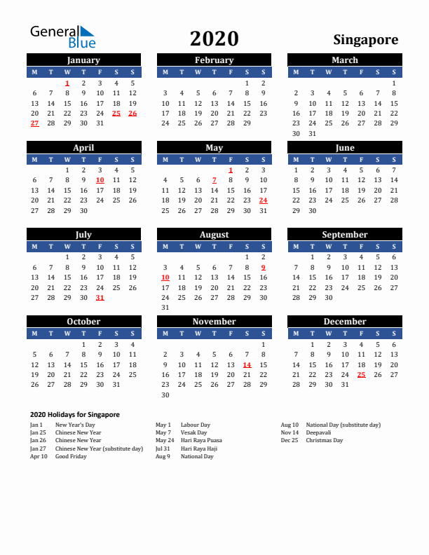 2020 Singapore Holiday Calendar