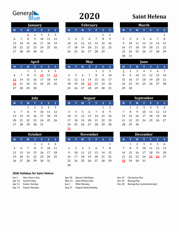 2020 Saint Helena Holiday Calendar