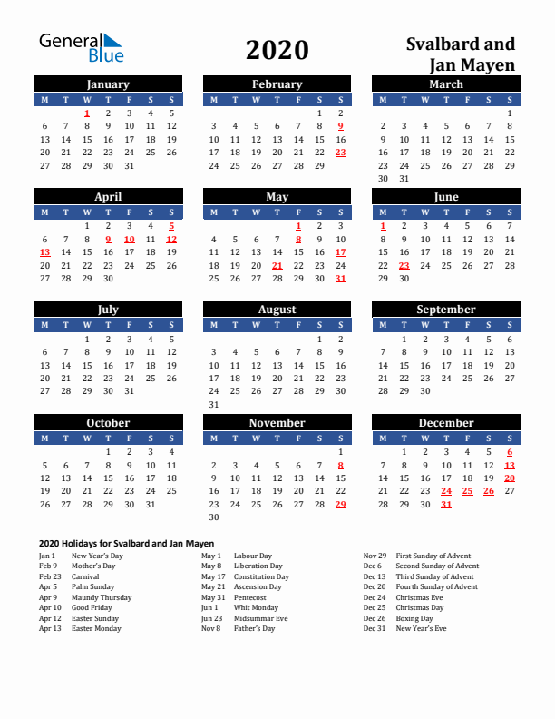 2020 Svalbard and Jan Mayen Holiday Calendar