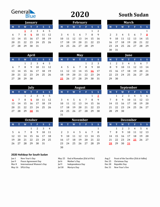 2020 South Sudan Holiday Calendar