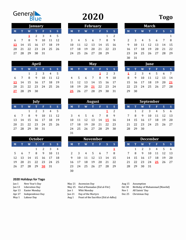 2020 Togo Holiday Calendar