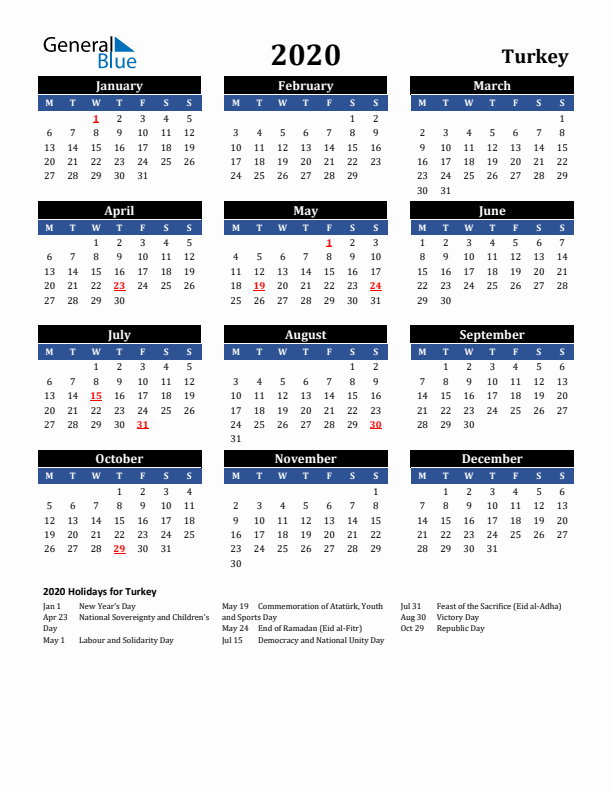 2020 Turkey Holiday Calendar