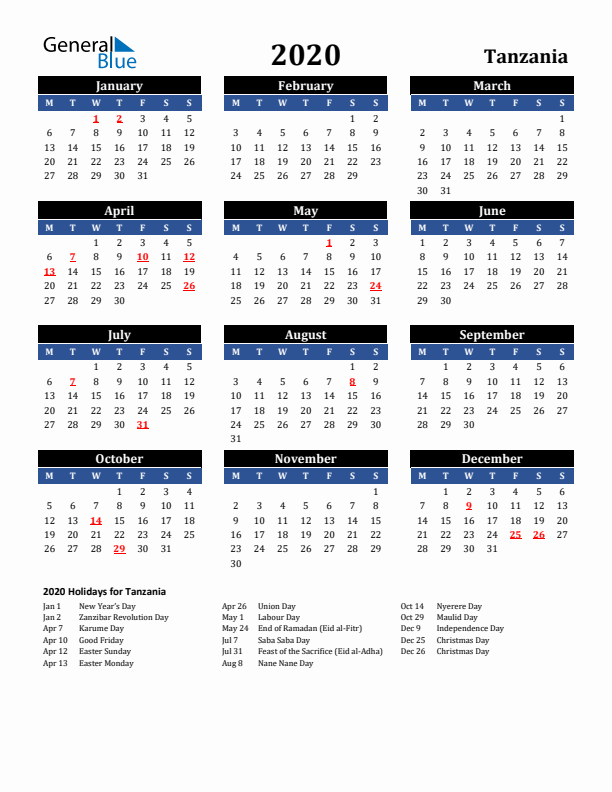 2020 Tanzania Holiday Calendar