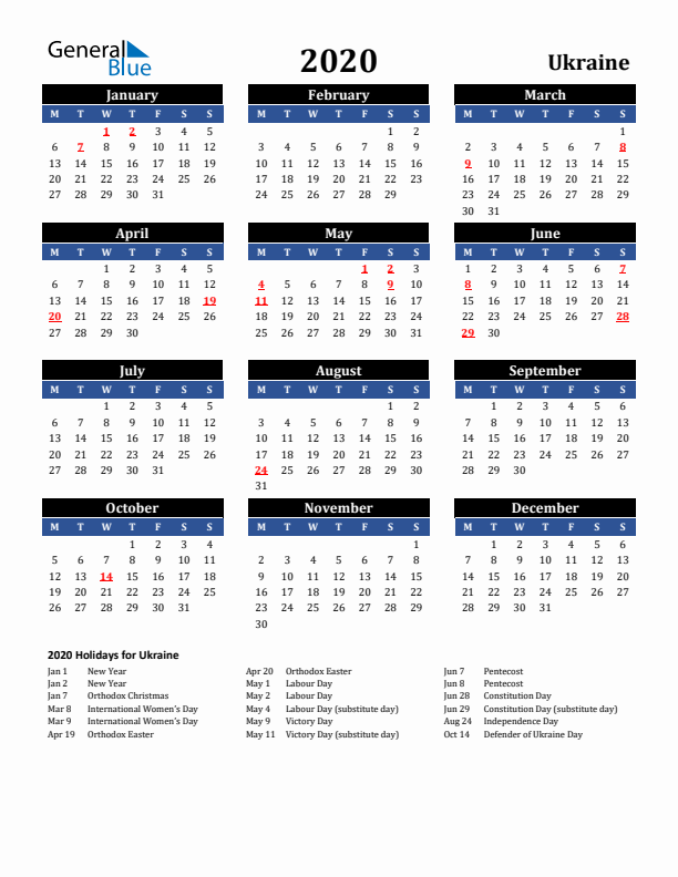 2020 Ukraine Holiday Calendar